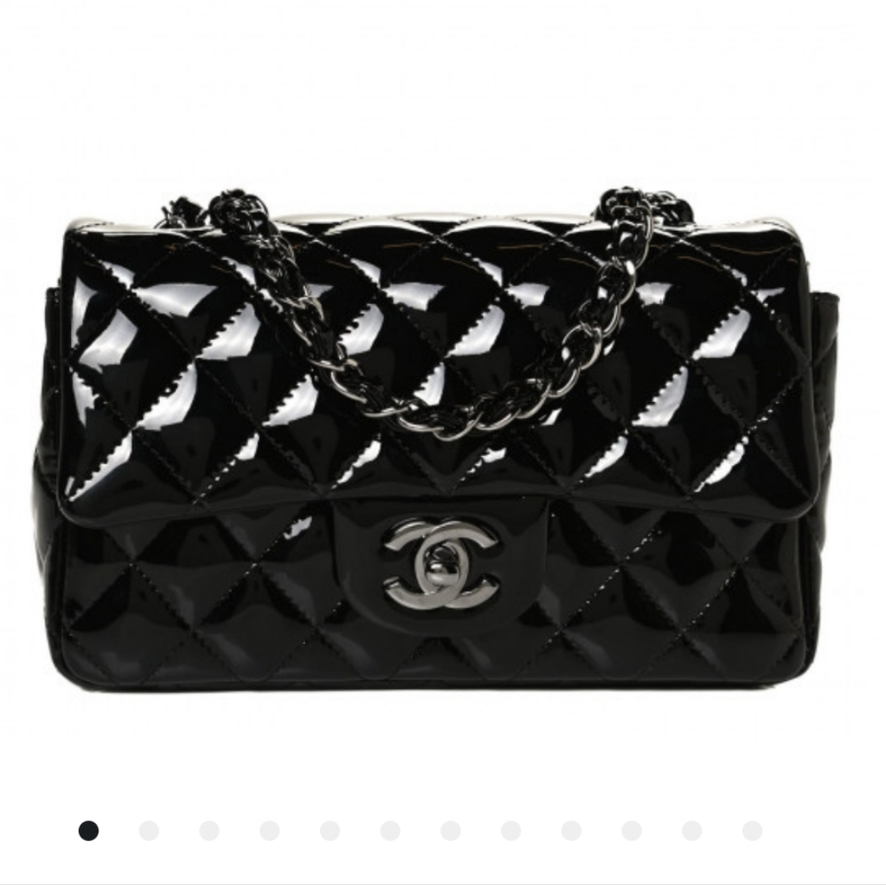 Chanel Flap Black Quilted Patent Leather Rectangular Mini Ruthenium Chain Bag